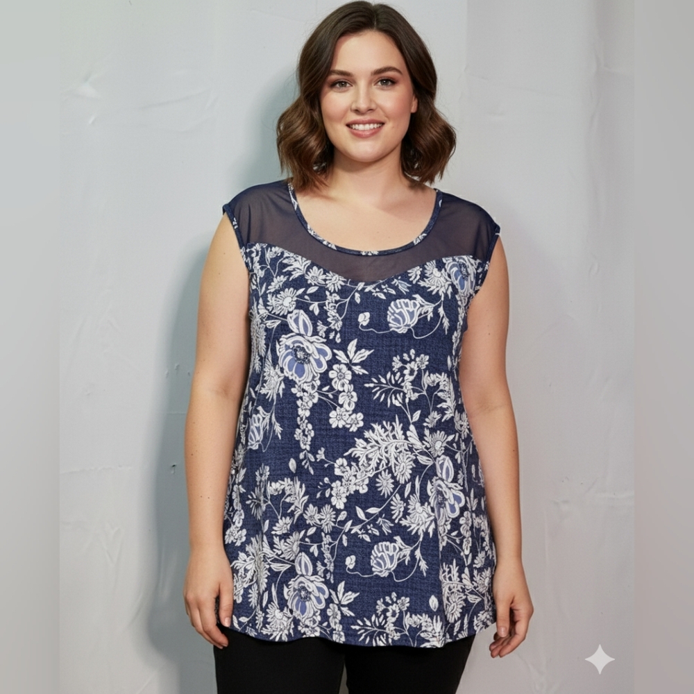 SJS Women's Blue Mesh Floral Crewneck Sleeveless Blouse Size 2X EUC